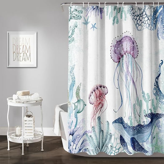 AILONEN Cartoon Jellyfish Shower Curtain for Bathroom Teal Blue Ocean Beach Coastal Bath Curtain Decor 48" W*72" H Polyester Fabric Waterproof Bathroom Curtain with 12 Hooks