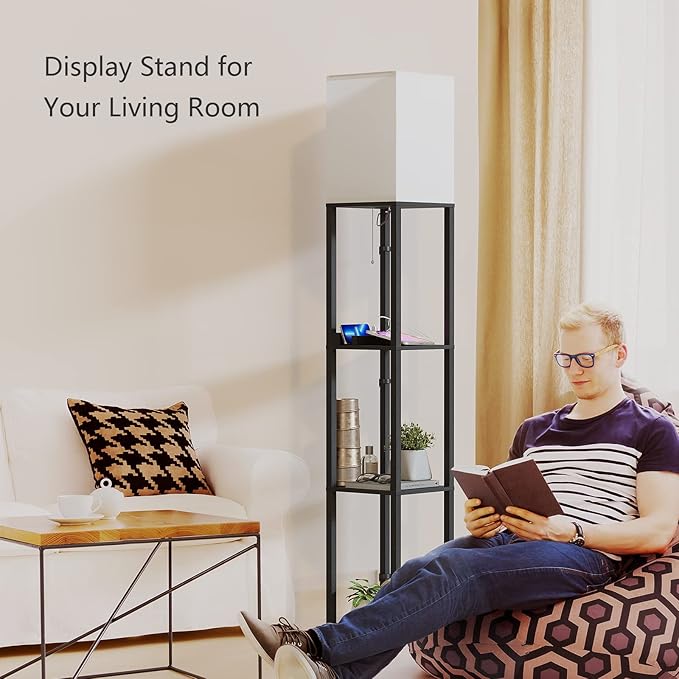 SUNMORY Shelf Lamp with Remote Control, Stepless Color Temperature & Dimmable, Floor Lamp with Shelves with 2 Usb Charging Ports and 2-Hole Socket, Solid Wood Tall Lamps for Living Room, Bedroom，Black