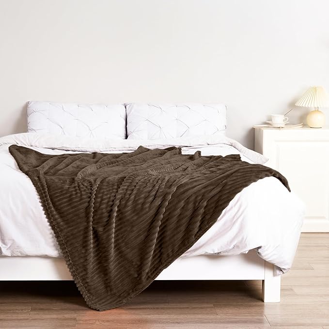 Bnuitland Brown Flannel Throw (50X71 inches) with Pillow Cover(18×18"),300GSM Super Soft Fleece Stripe Pattern Sofa Blanket, Lightweight Cozy Bed Throw for Home Decor All Season