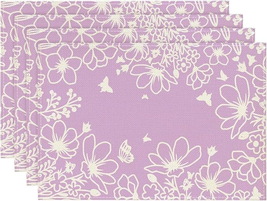 Artoid Mode Purple Flowers Floral Butterflies Spring Placemats Set of 4, 12x18 Inch Seasonal Table Mats Party Kitchen Dining Decoration
