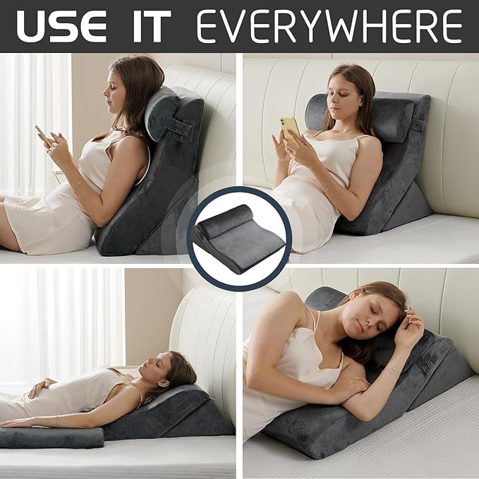 Qirroboni 3PCS Orthopedic Bed Wedge Pillow Set, Adjustable Pillows for Neck Back and Leg Pain Relief Comfortable & Post Surgery Foam- Heartburn Anti Snoring Acid Reflux & GERD Sleeping Charcoal Grey