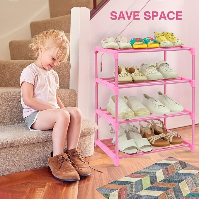 4-Tier Free Standing Shoe Racks for 6-8 Pairs Shoe Storage,Kids Shoe Racks for Small Place,Lightweight Stackable Shoe Shelf Organizer for Entryway, Doorway and Closet,Pink