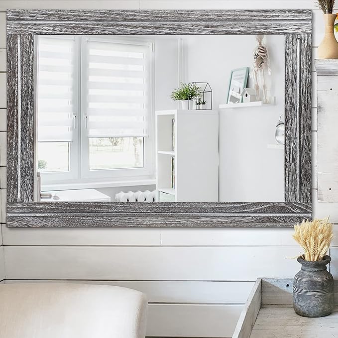 AAZZKANG Rustic Mirror Large Wood Framed Wall Mirrors 28"x20" Rectangle for Bedroom Bathroom Farmhouse Living Room Home Entryway Hanging