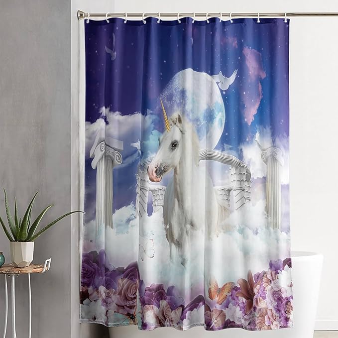 AILONEN Unicorn Shower Curtain, Holy Unicorn Theme Shower Curtain for Girls Teens Bathroom,3D Flower Butterfly Waterproof Fabric Shower Curtain Set,36" W*72" H