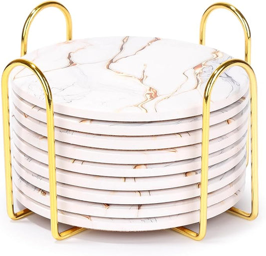 9 Pieces Ceramic Drink Coasters with Holder, Billbotk Absorbent Drink Coasters for Coffee Table, Marble Style Coasters Wooden Table, Suitable for Kinds of Cups, 4 Inches