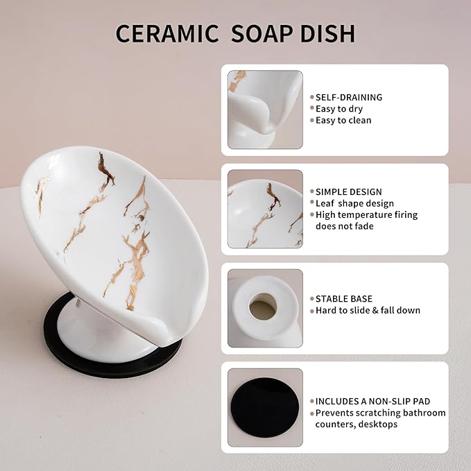 Soap Dish, Soap Holder Self Draining Leaf Shape Soap Dishes，White and Gold Marble Pattern Ceramic Draining Soap Tray for Shower, Bathroom Sink, Kitchen (Small Size-Marble White, 1)