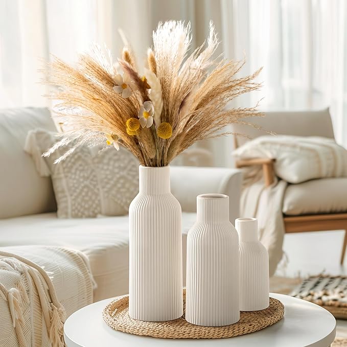 White Ceramic Vases Set of 3,Farmhouse Decor, Home Decor, Pampas Grass Vases for Kitchen, Bedroom, Office, Living Room, Bathroom, Wedding, Entryway, Table Centerpieces, Gifts Women Mom