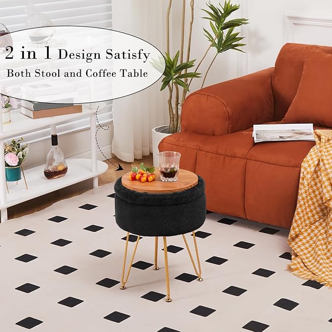 Cplxroc Footrest Footstools Round Faux Fur Ottoman with Storage Space Soft Vanity Chair Seat Coffee Table Ottoman Small Side Table Metal Legs with Adjustable Footings (Black)