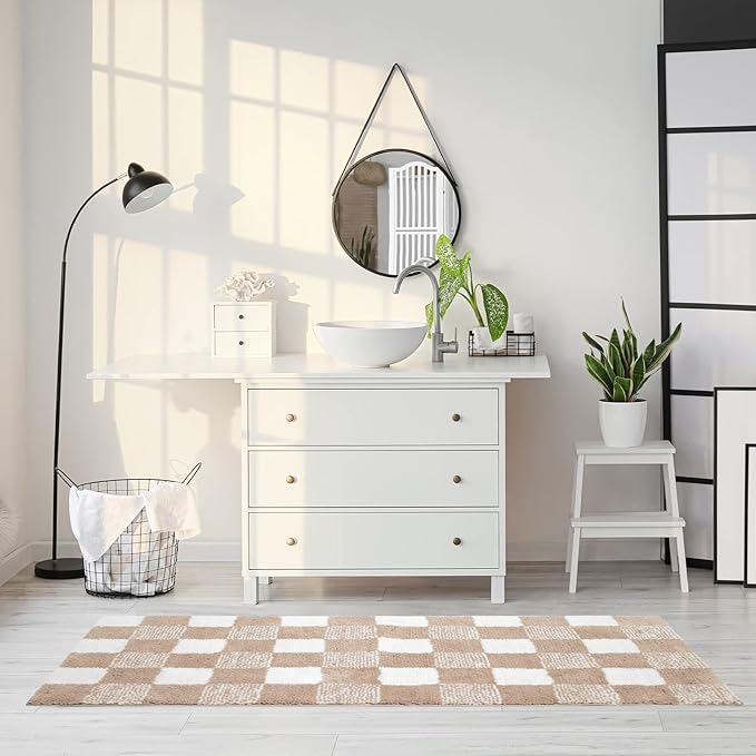 CozeCube Checkered Bath mats for Bathroom Non Slip, Plush Shaggy Bath Rugs for Bathroom Washable, Buffalo Plaid Bath mat, Beige, 47" x 24"