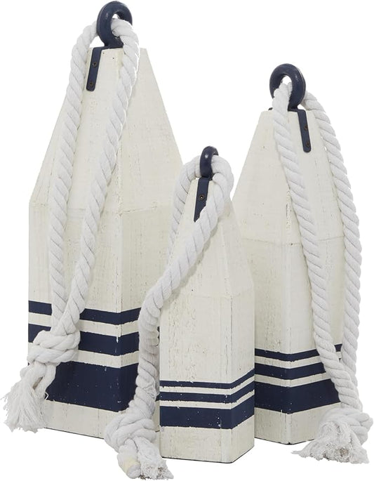 Deco 79 Wood Buoy Handmade Decorative Sculpture Home Decor Statues with Rope Accents, Set of 3 Accent Figurines 17", 15", 12"H, White