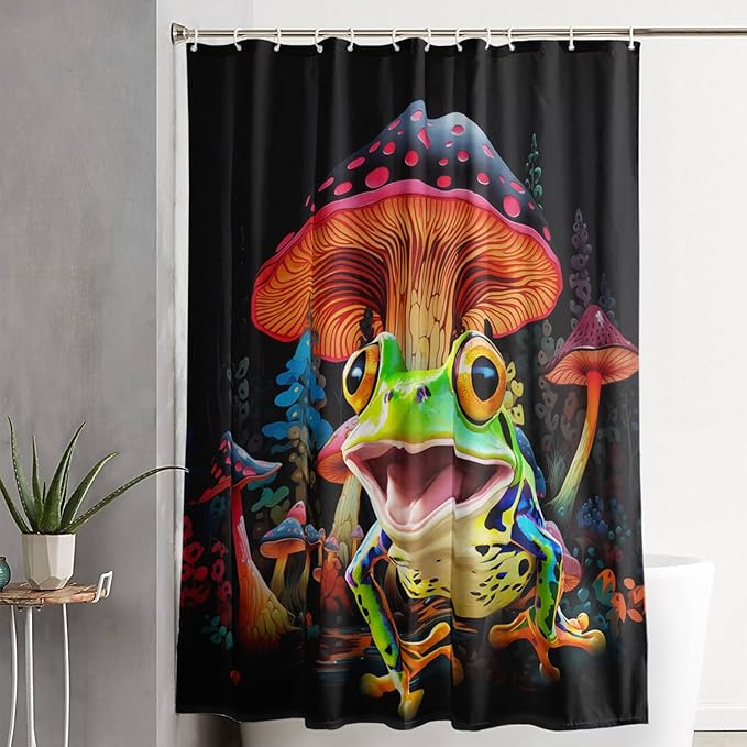 AILONEN Cartoon Tree Frog Shower Curtain,Magic Mushroom Shower Curtain Set for Bathroom for Kids Girls,Boho Style Waterproof Bath Curtain,Tropical Amphibian Bathroom Curtain with Hooks, 36" W*72" H