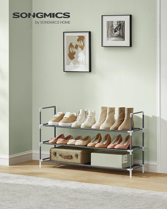 SONGMICS 3-Tier Shoe Rack, Shoe Storage for Hallway Closet, Slim and Space-Saving, Metal Frame, Non-Woven Fabric Shelves, Grey ULSH053G01V1