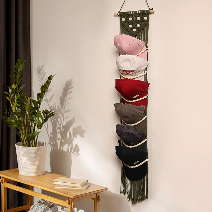 Ball Cap Hanger-1 Pack-Boho Macrame Cap Holder Wall Hat Organizer for Baseball Cap Holder Over Door, Hat Rack for Wall, Cap Rack for Decoration and Display(Green)