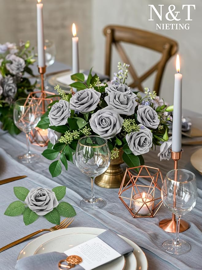 N&T NIETING Artificial Rose, 50pcs Gray Fake Foam Flowers with Stems for Wedding Party Baby Shower Cake Decoration, Home Display