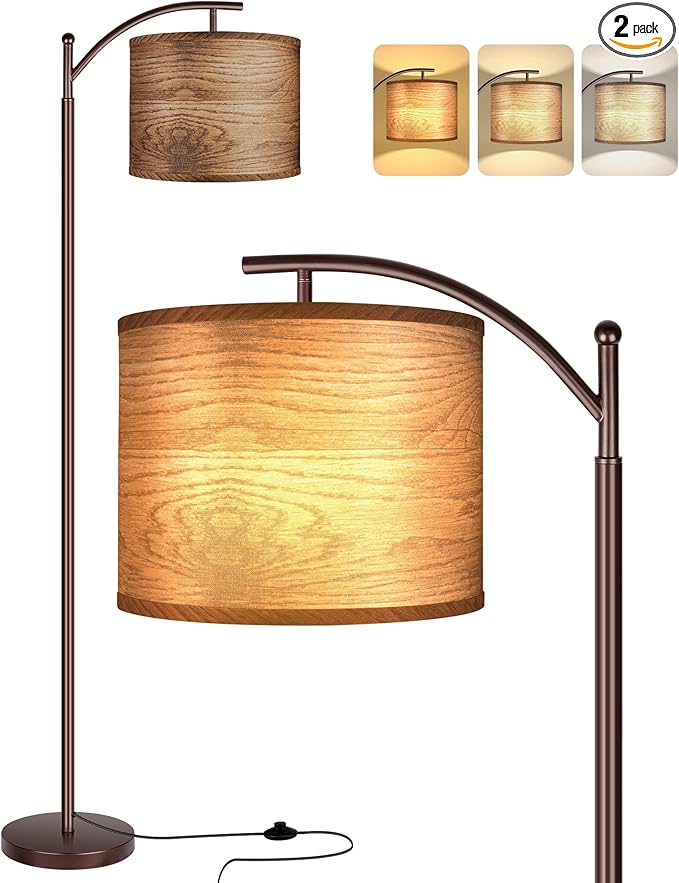 ROTTOGOON Floor Lamp for Living Room, LED Standing Lamp with Wood Pattern Lamp Shade Tall Industrial Floor Lamp Reading for Bedroom, Office (9W LED Bulb Included) - (Oil-Rubbed Bronze)
