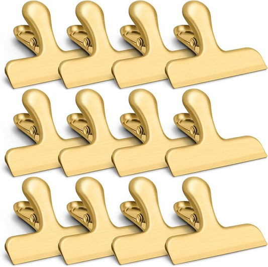 VNDUEEY 12 Pack Chip Clips, Stainless Steel Bag Clips for Food - Keep Snacks Fresh, Strong Grip Chip Clip Bag Clip, Perfect for Kitchen and Office Supplies -3 Inches, Gold