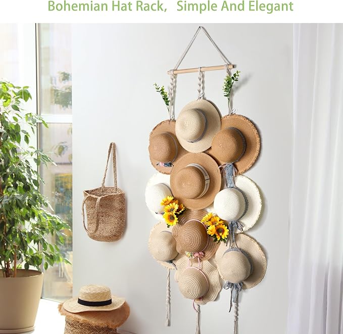 Macrame Hat Hangers for Wall Wide Brimmed Hat Holder Storage 10 Clips Hat Rack Organizer for Wall Display Boho Decor for Fedora Sun Hats Straw Panama Closet Bedroom Gifts for Mom