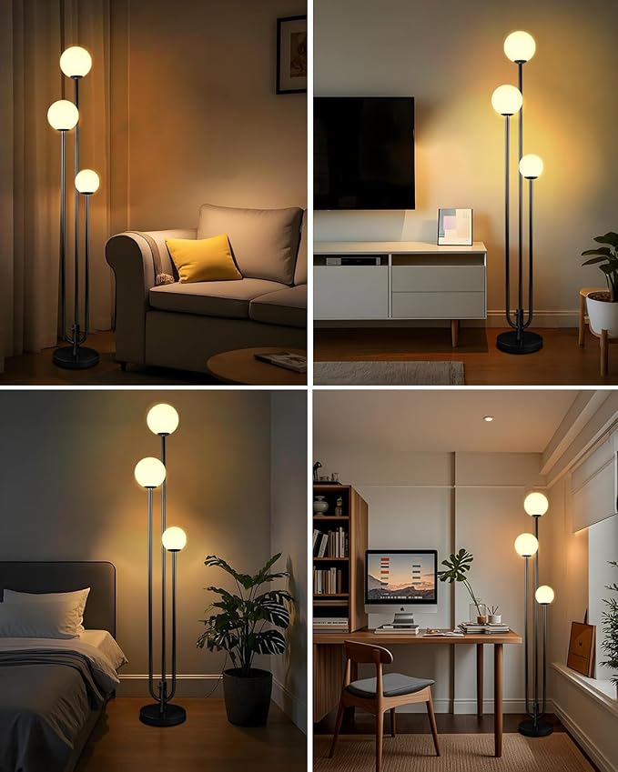 63IN 3-Light Dimmable Floor Lamp, Unique Tall Standing Lamps with 3 Black Poles and 3000K G9 Bulbs for Reading, Mid Century Modern Floor Lamp for Living Room Bedroom Office