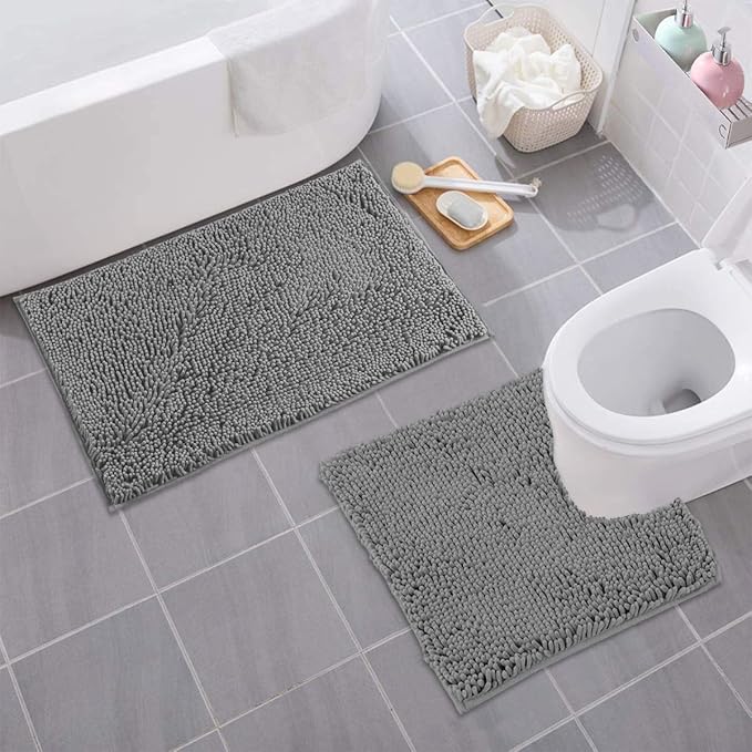 LuxUrux Soft Chenille Area Rug Set, 2 Piece Sets, U-Shape Contoured Toilet Base Mat & 31x20 Mat, Absorbent Washable Mats, Microfiber Dries Quickly, Bath Rugs for Tub, Light Grey.