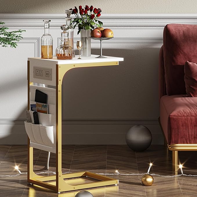 TUTOTAK C Shaped End Table with Charging Station, Side Table for Sofa, Couch Table with Storage Bag, Set of 2, TV Tray Table with 2 USB Ports and Outlets for Living Room, Bedroom, TB01BWG0242