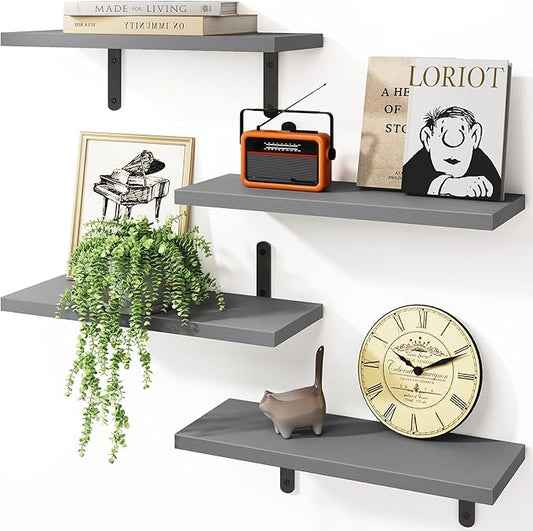 Fixwal Grey Floating Shelves for Wall, 4 Sets Wood Shelves Farmhouse Wall Shelf Wall Mounted Floating Shelves for Bedroom Decor, Bathroom Storage, Book Shelf for Wall - Grey