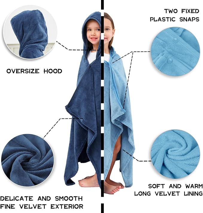 Hiturbo 2Pcs Kids Fleece Hooded Towel: Soft Plush Warm Blanket - 50"x30" Pool Beach Bath Swim Towel Wrap for 3-12 Yrs (Navy+Blue)
