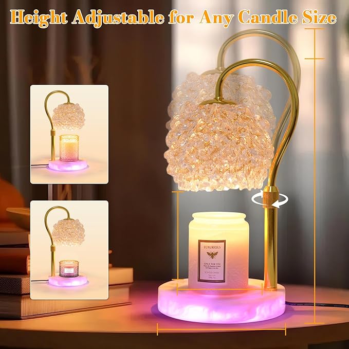 Candle Warmer Lamp with Timer - Dimmer Electric Candle Lamp Warmer with RGB Mode, 312 K9 Crystals Lampshade,Adjustable Height Wax Warmer Lamp with 2 Bulbs for Jar Candles,Gifts for Mom Womens