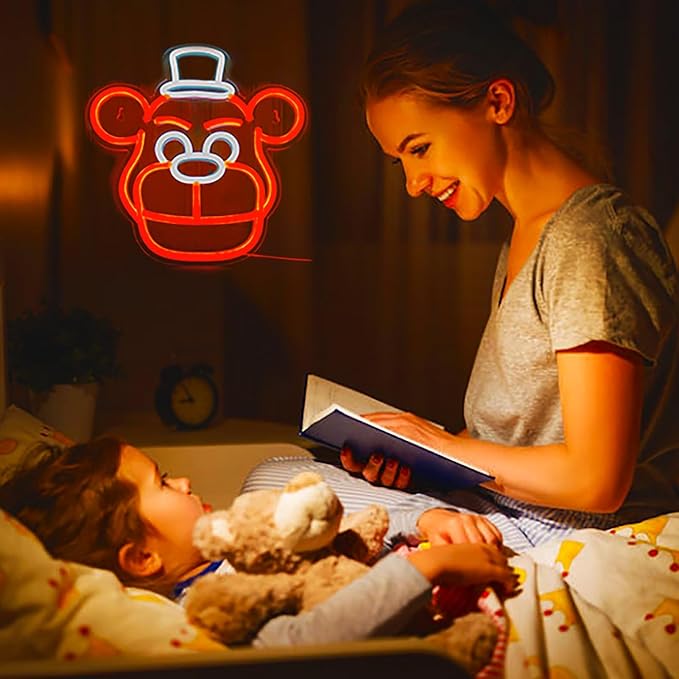 Cute Five Nights Bear Neon Sign, Anime Neon Light for Wall Decor Bedroom, Children's Room, Birthday, Festival Decorations, USB Powered Orange Color White, 11.8inch x 11.8 inch