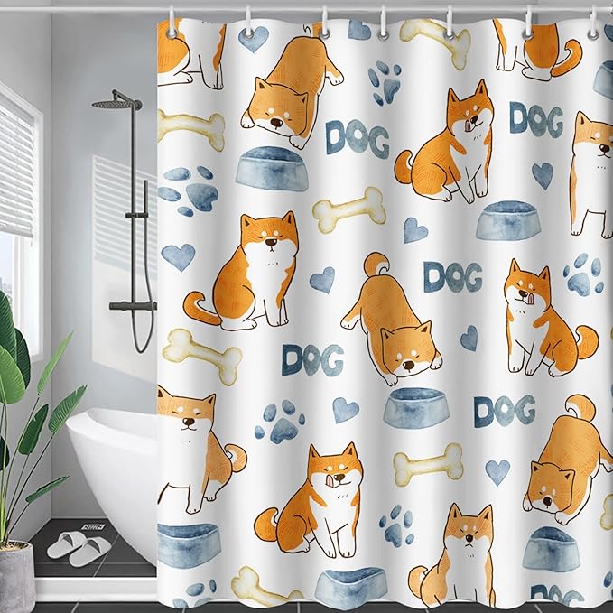 AILONEN Cute Dog Shower Curtain, Cartoon Shiba Inu Dog Bath Curtain,Pet Dog Paw Print Dog Lover Minimalist White Waterproof Curtain with 12 Plastic Hooks(72" W*84" H)