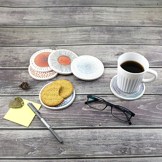 AD Set of 6 Coasters for Drinks Absorbing Round Ceramic Stone Coaster with Cork Base Tabletop Protection Mat for Mugs and Cups,Office,Kitchen (Colorful with Rose Gold Holder)