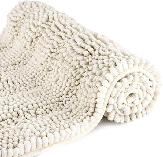 Bath Mat for Bathroom Ultra-Soft Machine Washable Rugs for Shower Room with Non-Slip Backing Shaggy Absorbent Luxury Chenille Bath Rug Perfect for Tub Sink Bedroom Door (20"x32", Ivory White)