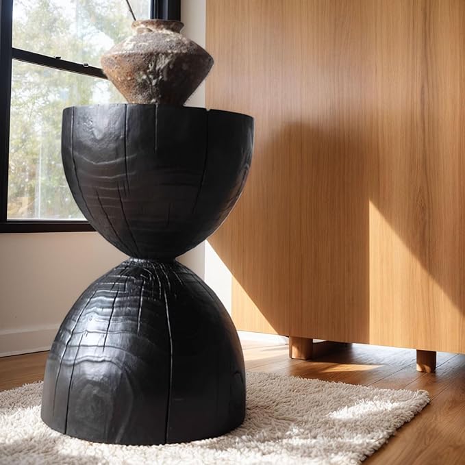 Natural Wooden Pillar Side Table – Round Tree Wood Drum-Shaped Coffee Table, Side Table for Balcony, Courtyard, Garden, Living Room Decoration – Modern Stool Design, Stable Base(Color:Black)