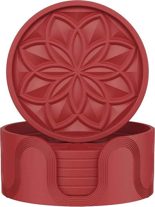 HFHOME Silicone Coasters Set with Holder - 6 Pack Drink Coasters for Coffee Table, Bar, Desk - Tabletop Protection Gift - Red