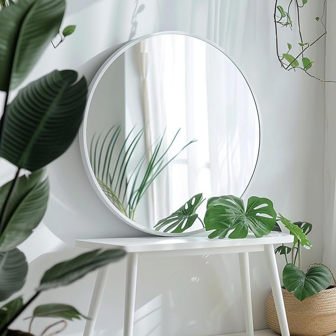 White Round Mirror 30 inch, Large Round Mirror, Bathroom Mirror Matte Metal Frame, Circle Mirrors for Living Room, Bathroom, Wall, Hallway.