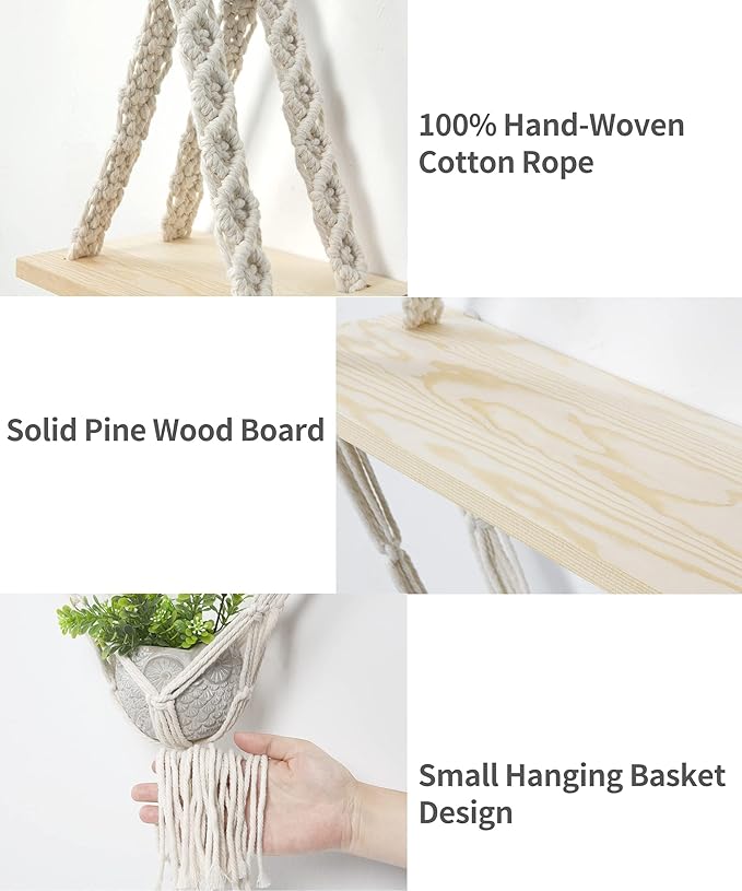 Afuly Hanging Shelves 2 Tiers Macrame Floating Shelf Wall Mounted, Boho Shelf Rack with Pine Wood Handmade Woven Rope for Bathroom Bedroom Living Room Plants Storage Home Decor, with Basket