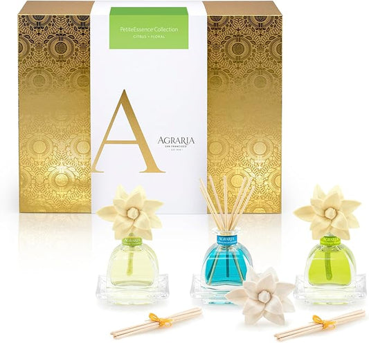 Agraria Citrus & Floral PetiteEssence Collection, Handmade Sola Flower Reed Diffuser Set of 3, 1.7 oz Each, Scented Oil Diffuser Gift Set for Home