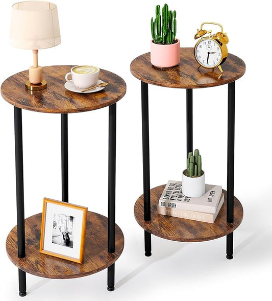 Round Side Table Set of 2, 2-Tier End Table, Small Round Nightstands with Storage Shelf, Modern Accent/Coffee/Bedside Table for Living Room, Bedroom-Brown