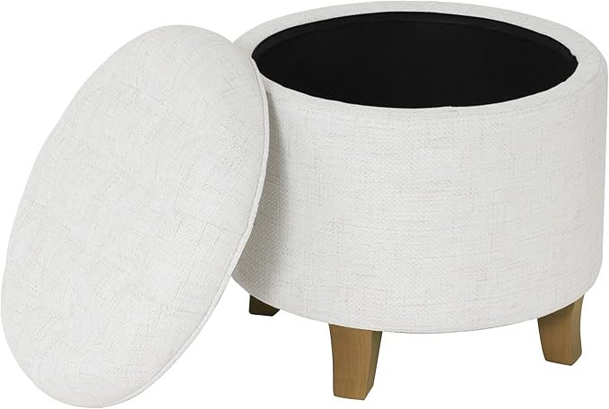 HomePop Home Decor | Upholstered Round Tufted Foot Rest Ottoman | Ottoman with Storage for Living Room & Bedroom | Decorative Home Furniture, Cream Textured Solid