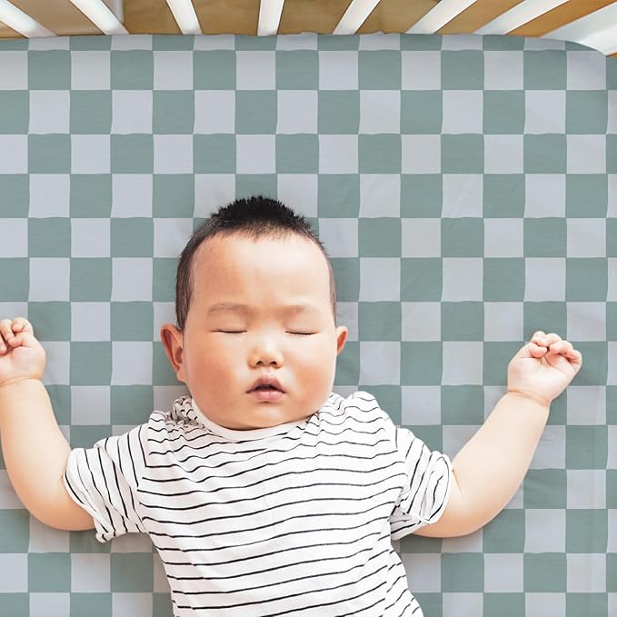 The Peanutshell Organic Crib Sheets for Boys or Girls, Breathable Super Soft 100% Jersey Cotton, Checkered Baby Items, Gender Neutral Nursery Bedding, 4 Pack Set for 28x52 Mattresses, Brown Beige Teal