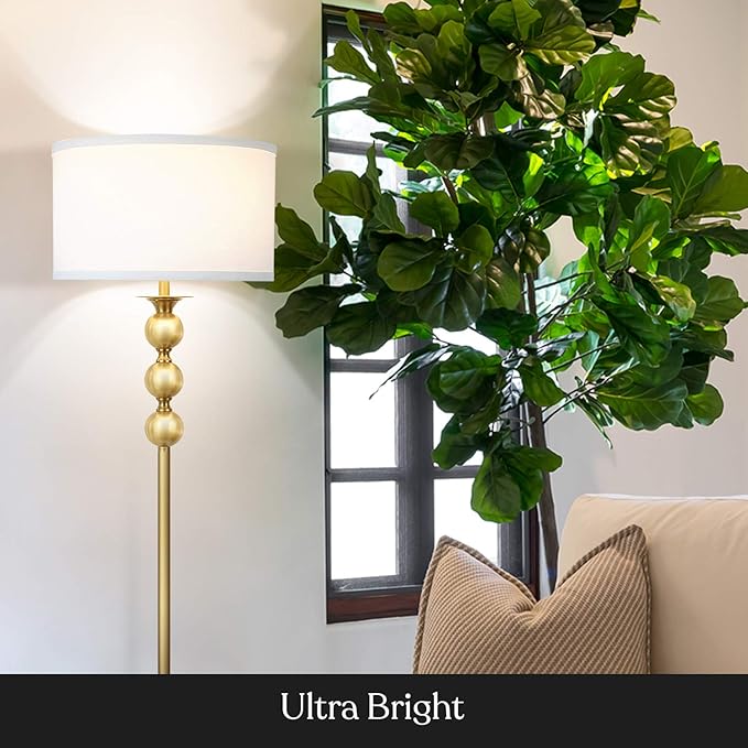 Brightech Riley LED Floor lamp, Boho Lamp for Living Rooms & Offices, Great Living Room Décor, Mid-Century Standing Lamp for Bedroom Reading, Tall Lamp With Drum Shade - Gold/Brass