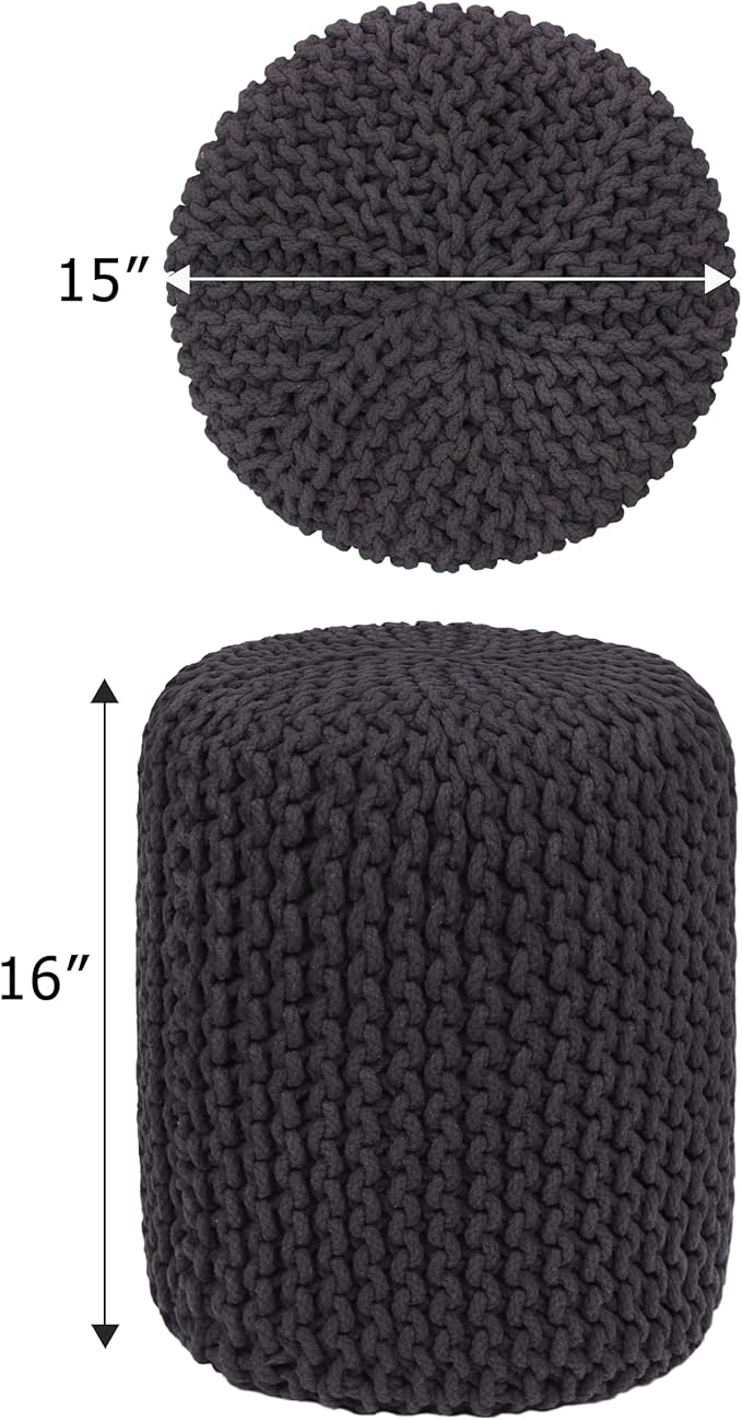 COTTON CRAFT Braided Round Pouf - Hand Knitted Cotton Cord Cable Dori Cylindrical Ottoman - Foot Stool - Floor Pouf - Footrest - Accent Seat - Living Room Bedroom Dorm Décor - 15 Round x 16 H - Grey