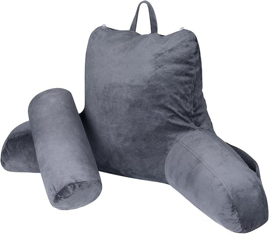 COOLBEBE Reading Pillow for Bed Backrest Pillow for Bed Sitting Up Adult with Arms Grey Back Support Pillow with Headrest & Pockets, Removable Washable Cover and Detachable Neck Roll(Large 27")