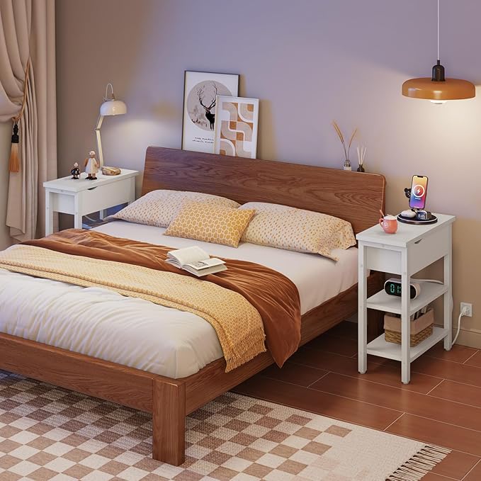 HOOBRO End Table with Charging Station, Narrow Side Table, Flip Top Nightstand with USB Ports and Outlets, Bedside Tables with Shelf for Small Spaces, Living Room, White WT341BZ01