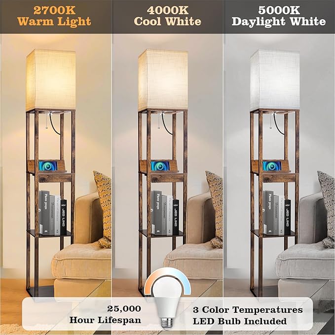 RUNTOP Floor Lamp with Shelves, Shelf Floor Lamp with Wireless Charger & 2 Charging USB Ports & Drawer, AC Outlet, 3 Color Temperature Tall Standing Lamp with Bulb for Living Room, Bedroom, Office