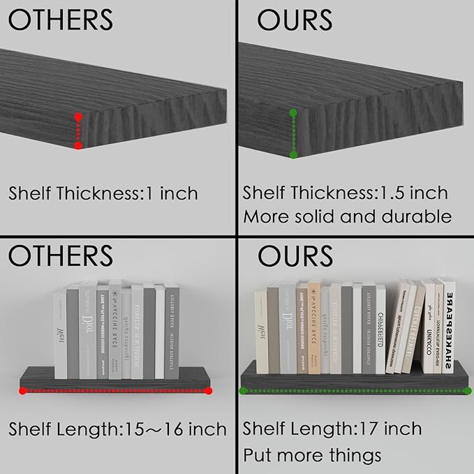 Floating Shelves for Wall- 17 Inch Natural Wood Black Shelves for Bathroom, Bedroom, Kitchen Decor, Farmhouse Decor Set of 2