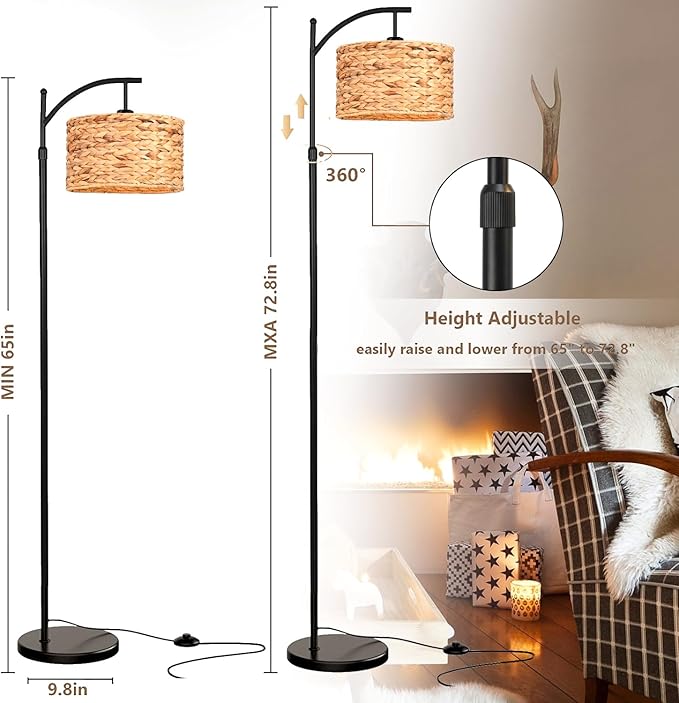 Floor Lamp for Living Room Bedroom Rattan Boho Arc Standing Lamp with Remote Dimmable Black Wicker Bamboo Lamp Shade Floor Light Adjustable Tall Lamp Farmhouse Industrial Floor Lamps Bohemian
