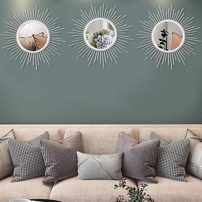 3 Pack Metal Mirrors for Wall Sunburst Wall Mirrors Home Décor Decorative Hanging Wall Art for Living Room Bedroom Entryway (Silver, Sunburst)