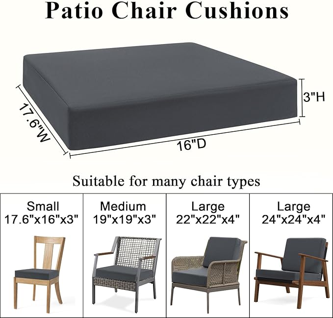 Topotdor Patio Chair Cushions Set of 2,Waterproof Outdoor Chair Cushions with Fade Resistant Removable Cover with Adjustable Straps for Patio Furniture Garden Sofa Couch,17.6"x16"x3" Gray