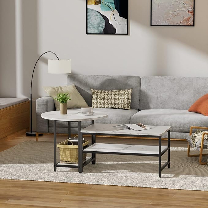 WOHOMO Coffee Table, White Modern Coffee Tables for Living Room, Detachable 2 Small Coffee Tables, Faux White Marble