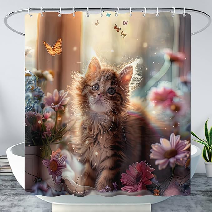 AILONEN Kawaii Cat Shower Curtain Set, Beautiful Kitty with Butterfly Waterproof Fabric Shower Curtain for Kids Boys,Cat Lovers Animal Design Shower Curtain for Bathroom,72" W*78" H
